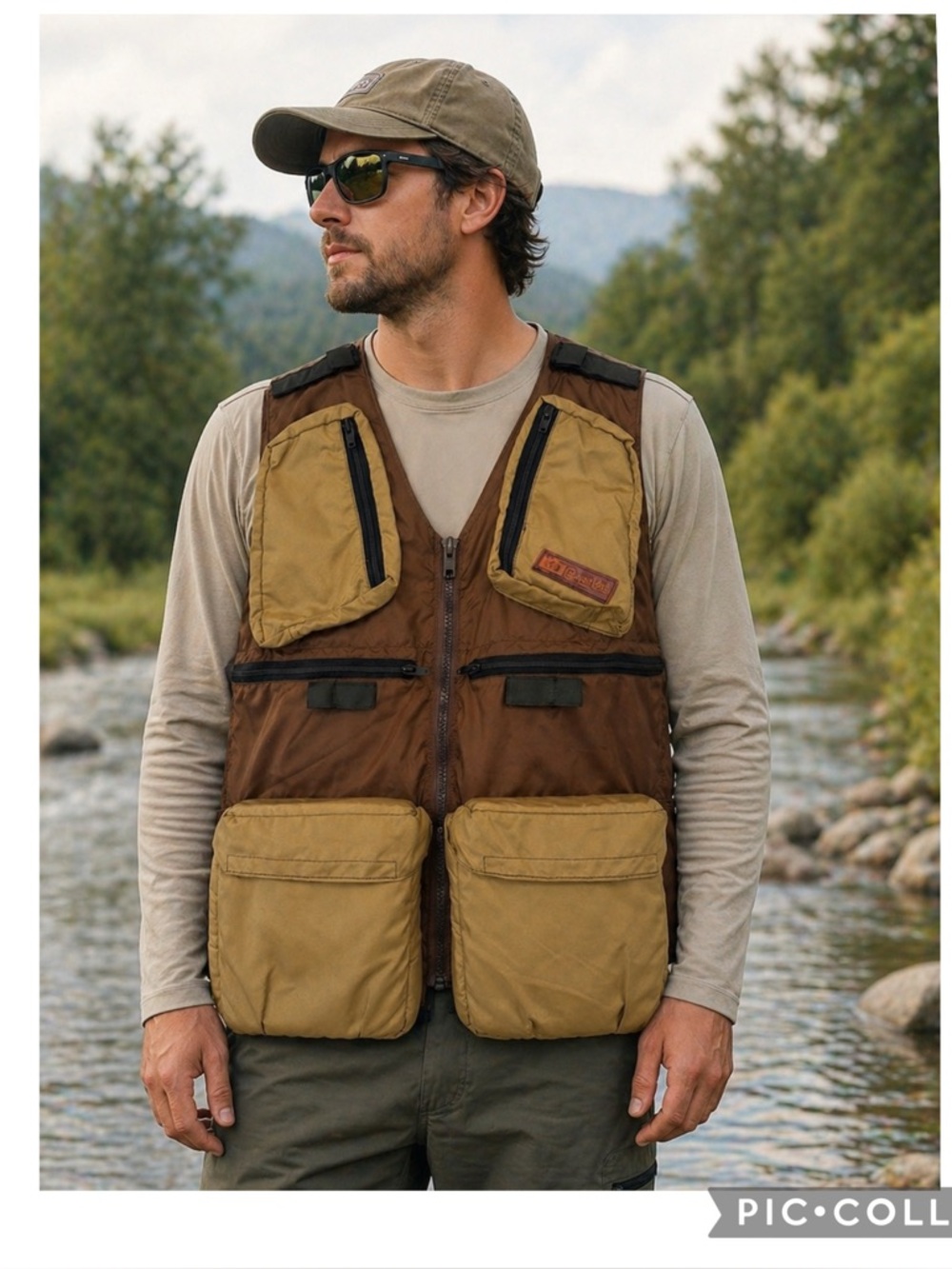 Quest Fishing Vest Men’s  Brown Tan Utility Outdoor Multi Pocket Zip Vest